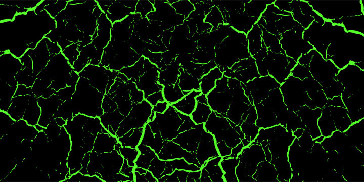 Abstract black background featuring electric neon green cracked lines and lightning fissure pattern. High-contrast grunge texture overlay for cyber punk, horror, or streetwear designs.