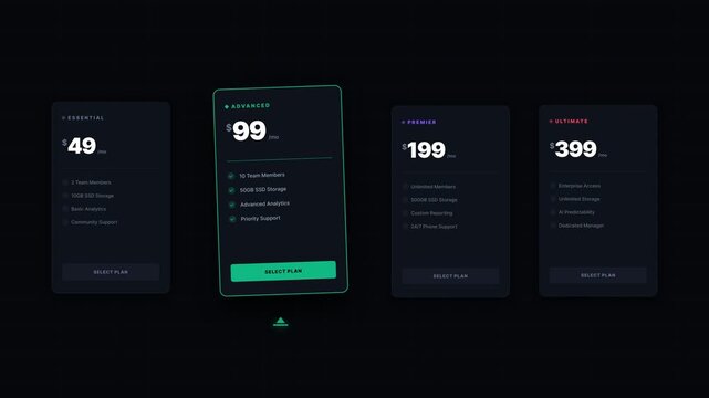 Dark SaaS Pricing Plan Interface Animation with Tiered Monthly Subscription Costs