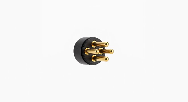 Macro of a male XLR connector pin array featuring three 24k gold-plated solid brass pins housed in a micro-machined black thermoplastic cylinder. Isolated on white.