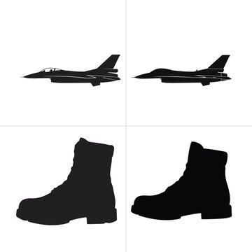 Military fighter jet aircraft silhouettes side view and combat boots vectors for layouts.