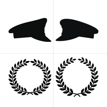 Military peaked officer cap and laurel wreath silhouette icons for army rank decoration.