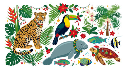 Obraz premium Tropical Christmas Animals: Jaguar, Toucan, Manatee, Turtle, Fish with Festive Decorations