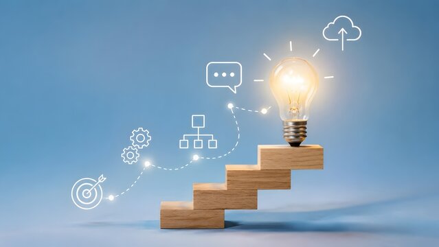 Glowing lightbulb on wooden steps with business strategy and technology icons symbolizing creative growth and innovation progress