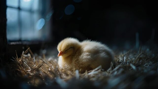 Baby duckling resting in straw bathed in soft light during dawn