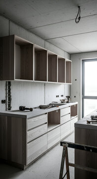 Modern kitchen installation in progress with wooden cabinets concrete walls and tools