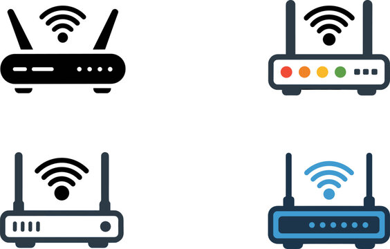 WiFi Router Icon Collection Set with Outline and Color Wireless Network Vector Illustrations