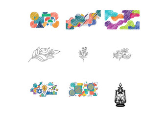 Naklejka premium Abstract geometric doodle patterns vector graphics collection with minimal botanical line art and design elements