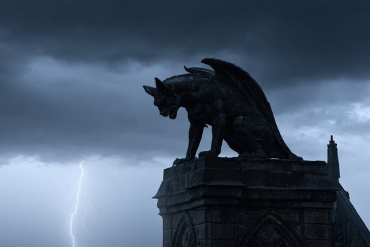 Stone gargoyle perched on gothic building under stormy sky