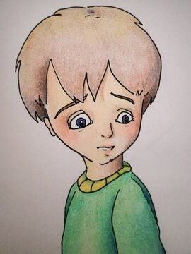 Image d'un jeune gar&ccedil;on habill&eacute; d'un pull vert qui arbore une expression &eacute;tonn&eacute; et qui regarde en direction du sol. 