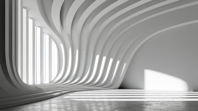 Futuristic minimalist white interior with parametric curved rib structures and dramatic bright light with long shadows
