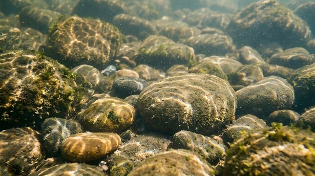 Underwater view of river rocks and pebbles with sunbeams and aquatic vegetation