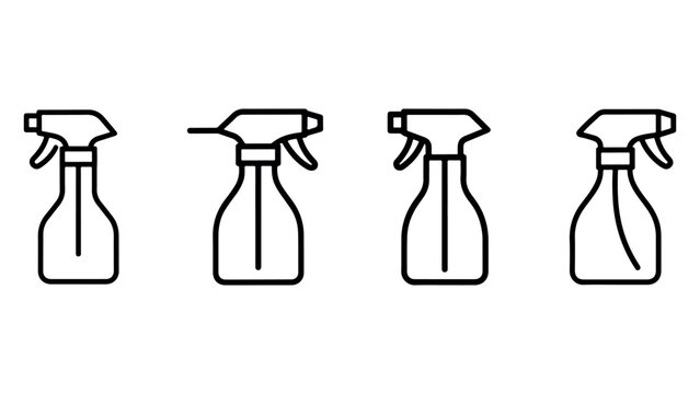 Spray bottle outline icons for cleaning supplies and gardening liquid misting tool design.