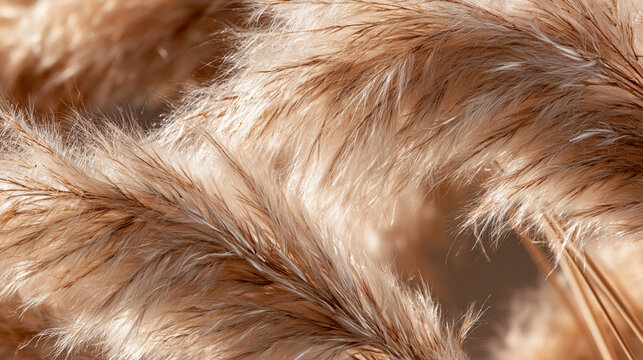 Macro extreme close up of fluffy beige pampas grass plumes with soft warm sunlight shadows
