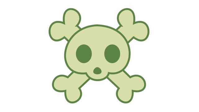Cute skull and crossbones icon cartoon animation in muted green tones isolated on an alpha channel for Halloween symbol and poison warning element concept.