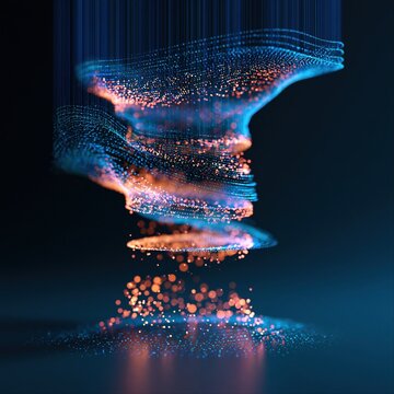 Swirling blue and orange particles create a dynamic shape in a dark space