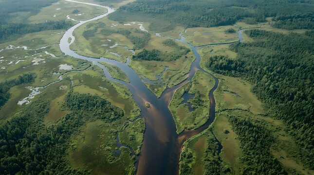 Aerial view of a winding river flowing through a lush green forest and wetland landscape