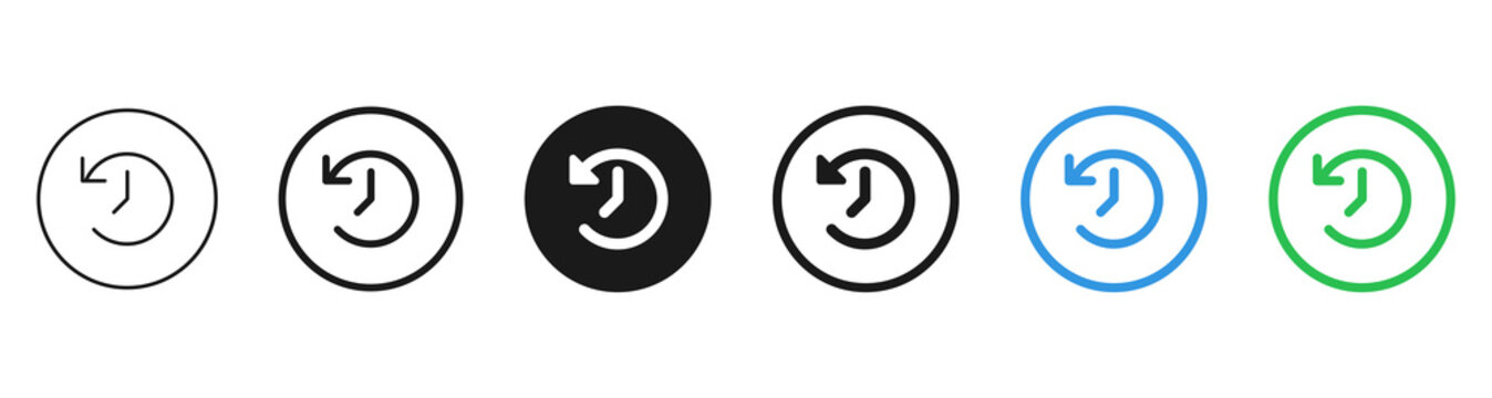 Set of undo or history clock icons in circle badges, shown in outline, filled, and colored blue and green styles for reset, restore, and time actions.