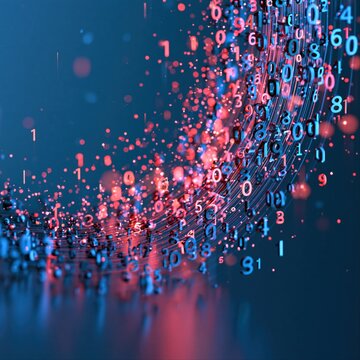Colorful visualization of data in blue and red tones with numbers scattered in a dynamic pattern