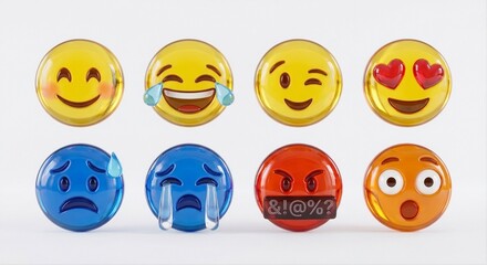 Naklejka premium Colorful 3D emoji collection showing happiness, laughter, winking, love, sadness, crying, anger, and surprise on a clean white background.