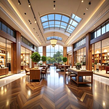 Elegant indoor cafe with high ceilings and natural light.