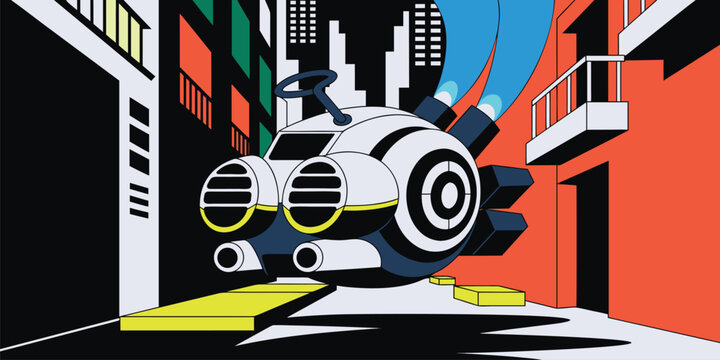 Stylized vector art of a futuristic white rocket car in a vibrant geometric city alleyway
