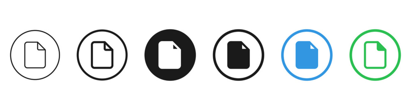 Set of file document icons in circle badges, shown in outline, filled, and colored blue and green styles for file, paper, and document management.