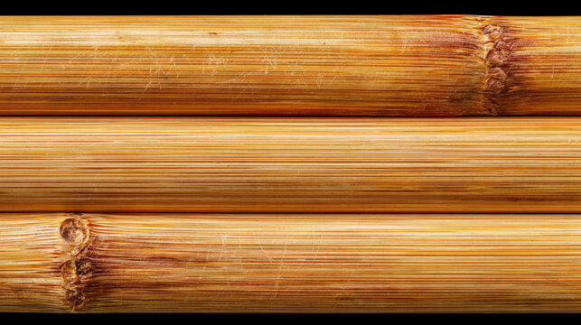 Macro close up of three horizontal golden brown bamboo stalks with natural node texture and details
