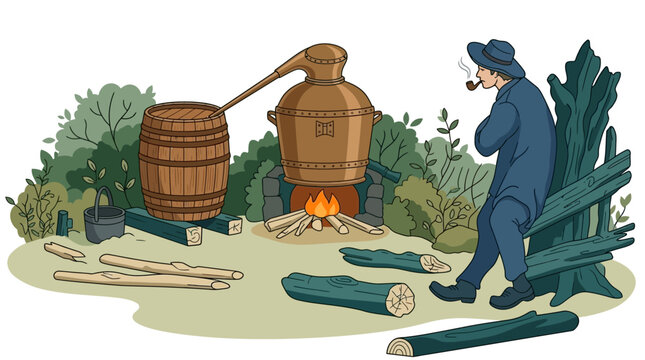 traditional moonshine still operating with fire a man smoking a pipe and waiting for the illicit alcohol production.