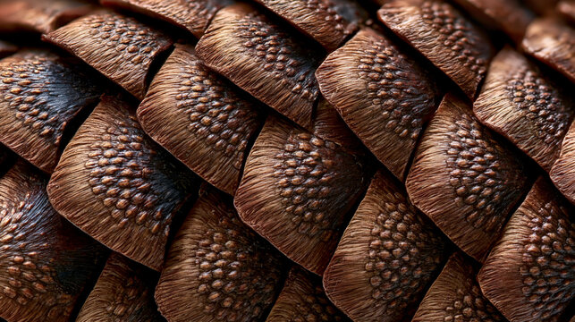 Macro extreme close up of brown pine cone scales showing detailed organic repeating geometric pattern texture

