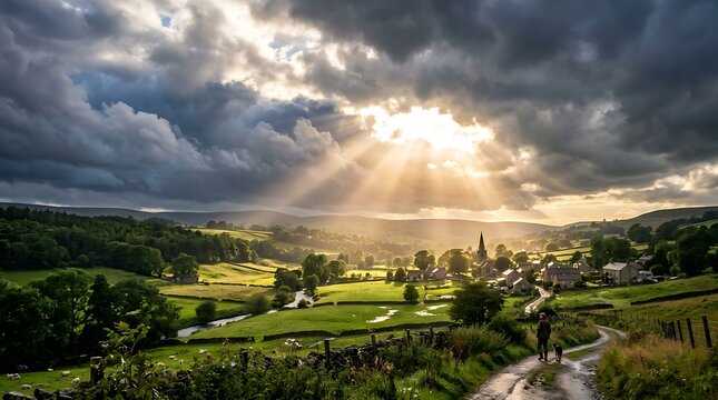 Stunning landscape with dramatic stormy clouds and sun rays illuminating a green valley village