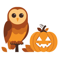 Obraz premium Cute owl perched beside carved pumpkin during autumn season flat design vector illustration