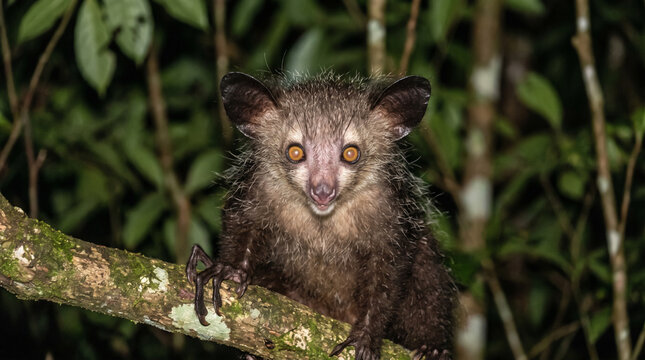 Aye-Aye Primate with Large Ears Perched on Mossy Tree Branch