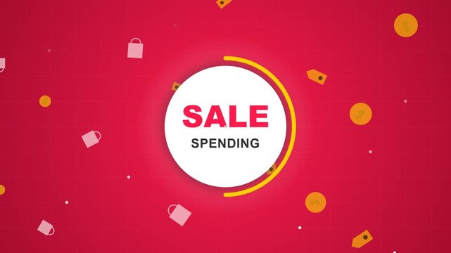Red background animation with sale spending text and floating shopping icons.
