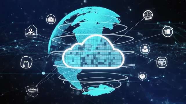 Global network connecting digital clouds with data nodes during a futuristic technology loop