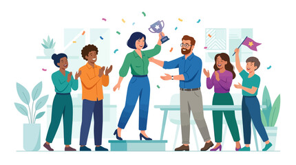 Fototapeta premium Team celebrating success, woman receiving trophy, confetti, office backdrop