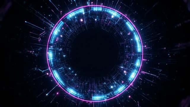 Glowing blue energy ring with particles in motion against black background for digital concept