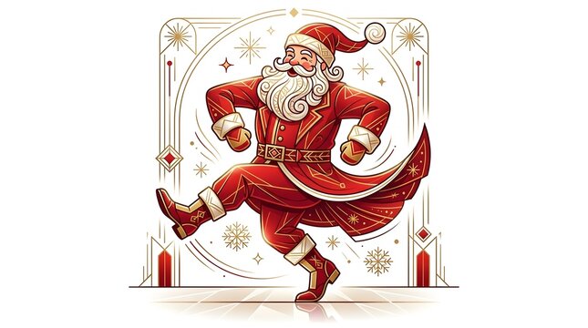 Joyful dancing santa vector in ornate art deco gold frame