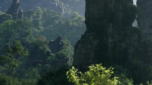 Tall rocky formations stand among lush greenery in a forested area. Sunlight filters through the trees, creating shadows.