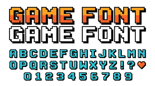 Vibrant pixel art font set featuring capital letters and numerical digits for classic retro game design