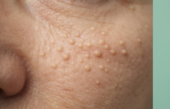 Multiple eruptive syringoma nodules or milia cysts on the cheek and periorbital skin of a mature adult