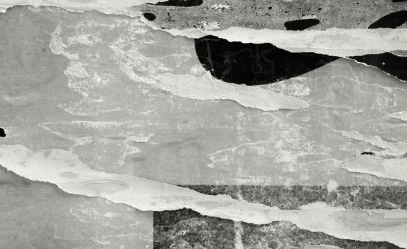 Old ripped torn black and white fly posters textures backgrounds grunge creased crumpled paper vintage collage placards empty space for text