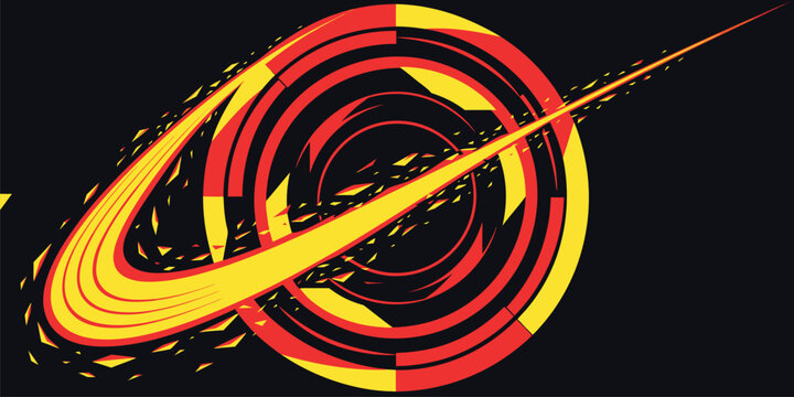 Dynamic abstract graphic in red yellow and black featuring a sweeping arc slashing through concentric circles