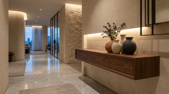 Modern hallway interior design with console table, vases, and ambient lighting