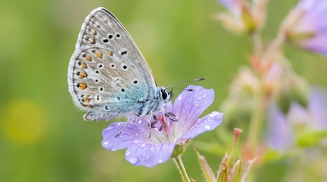 Common blue butterfly resting on a pink wildflower in a natural meadow setting