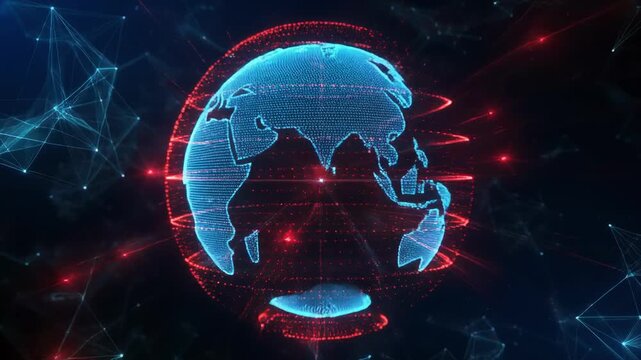 Digital Earth rotating with glowing red connections in dark nebula background