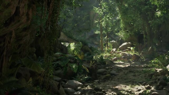 A trail runs through a thick forest. Sunlight filters through the leaves. Plants grow alongside rocks. The ground is covered with dirt and stones.