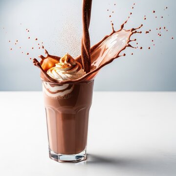 A dynamic action shot of a chocolate protein shake splashing in a glass, topped with swirling cream and a cloud of aromatic spice dust, gourmet, refreshing, beverage