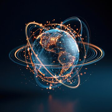 3D digital representation of Earth with glowing lines and particles in a dark background