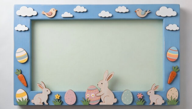 Easter wooden frame with rabbits, decorated eggs and copy space