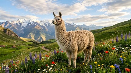 Naklejka premium Fluffy llama wearing a detailed red harness stands calmly while looking forward, captured in a high resolution digital art style with soft natural lighting and vibrant colors across its wool.